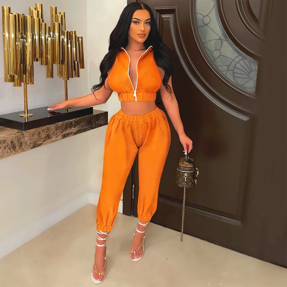 

Neon Orange Two Piece Jogging Suits Sportswear Zipper Sleeveless Crop Hoodies Elasitc Waist Long Trouser Summer Clothing Women