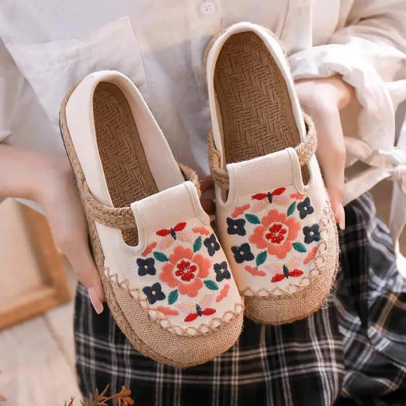 

Casual Woman Shoe Round Toe Slip-on Flax Female Footwear Slip On Linen New Dress PU Fisherman Rubber Leisure Embroider Slip-On F