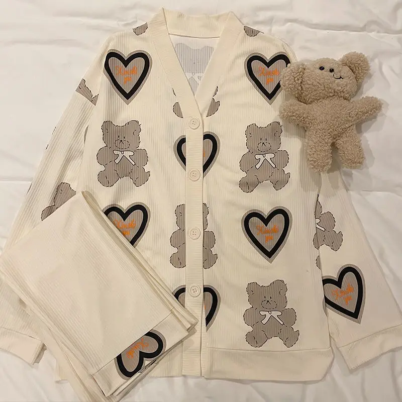 QWEEK Home Suit for Women Sleepwear Pajamas Kawaii Bear Heart-shaped Pyjamas Autumn Winter Pijamas Negligee Nightwear Roomware