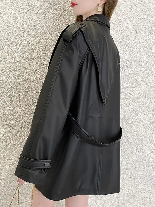 Leather Women's Autumn 2022 New Lace-up Waist Slimming Mid-length Navy Collar Leather Jacket