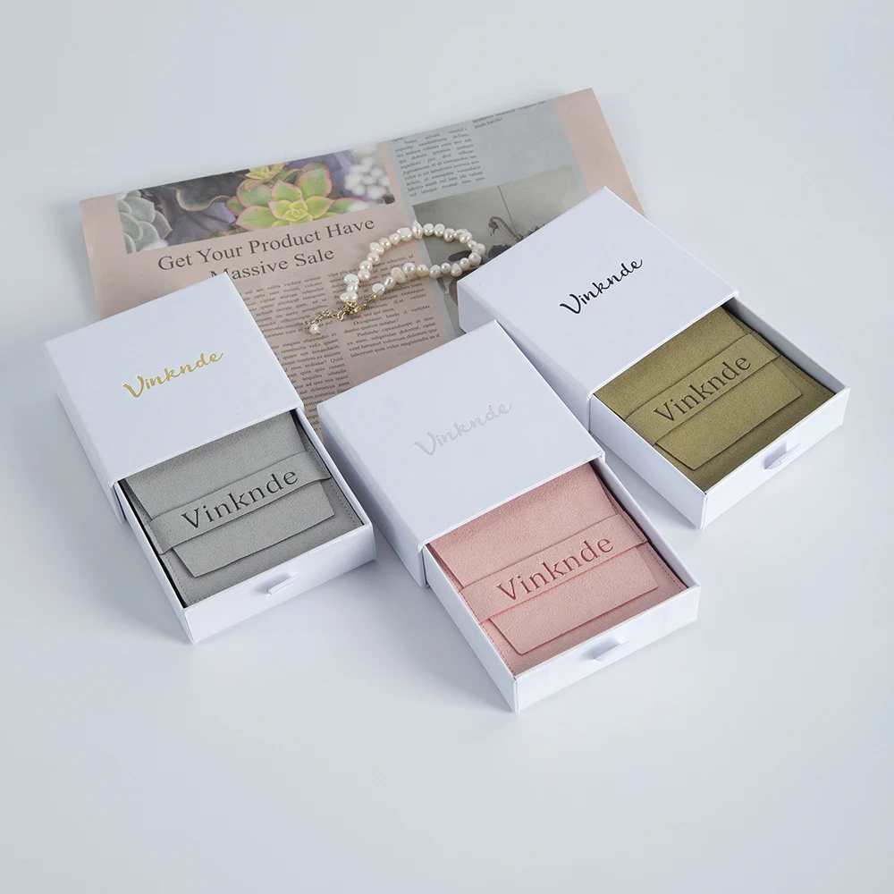 White Cardboard Drawer Jewelry Boxes Custom Logo Jewelry Ring Necklace Earring Bracelet Microfiber Gift bags Small Business Case