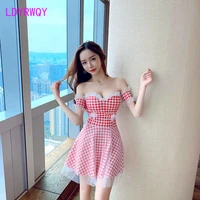 2022 springsummer new online red plaid one shouldered dress sexy girl with strapless princess pompty womens dress