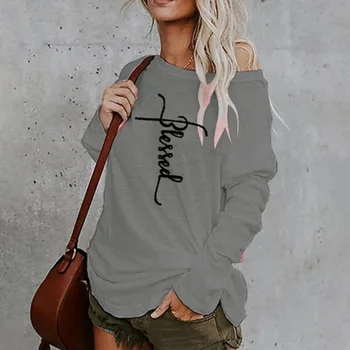 Women Shirt Long Sleeve Letter Print Breathable Blouse Fashion One Shoulder Loose Pullover Top Female Clothing Streetwear 2022 4