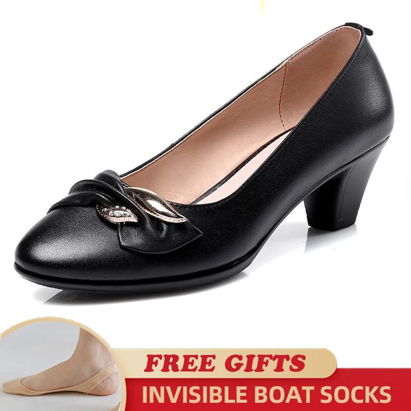 

Elegant Women Shoes Genuine Leather High-heeled Dress Spring Shoes Large Size 42 Round Toe Fashion Women Office Shoes Black