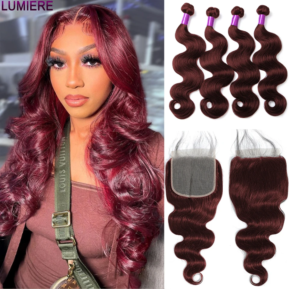 

Lumiere 10"-28" 100% Remy #99J Body Wave Machine Double Weft Human Hair Bundles With 4X4 Medium Brown Lace Closure For Women