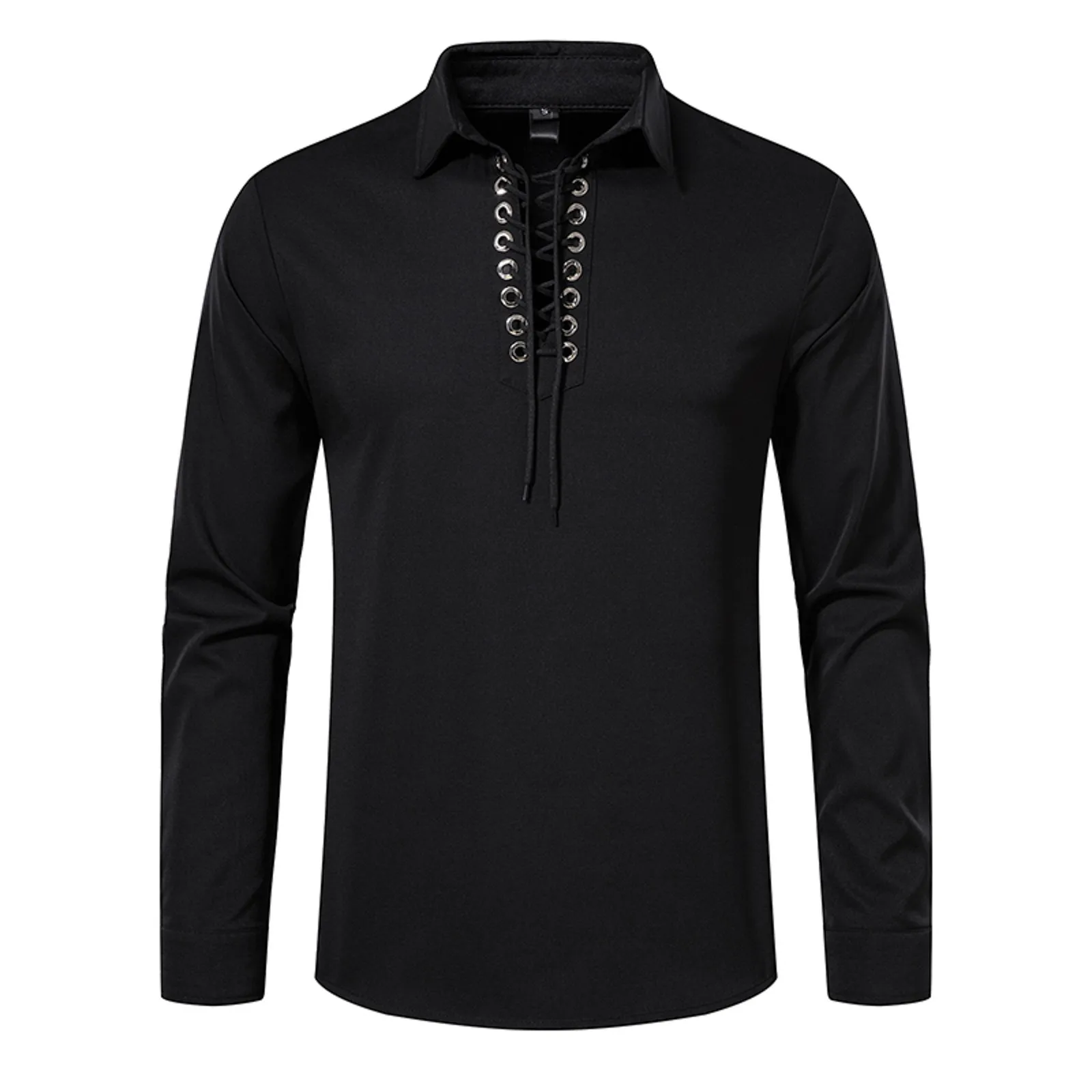 

Medieval Vintage Shirt Lapel Collar Shirts Bandage Blouse Solid Color Shirts For Men Long Sleeve Camisas Blusas Loose Fit Tops
