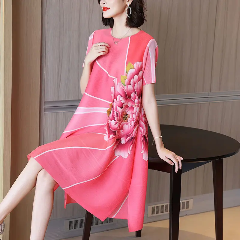 

Casual dress A-first skirt high-end pleated dress 2022 summer new loose large size long retro printing short sleeve o neck dress