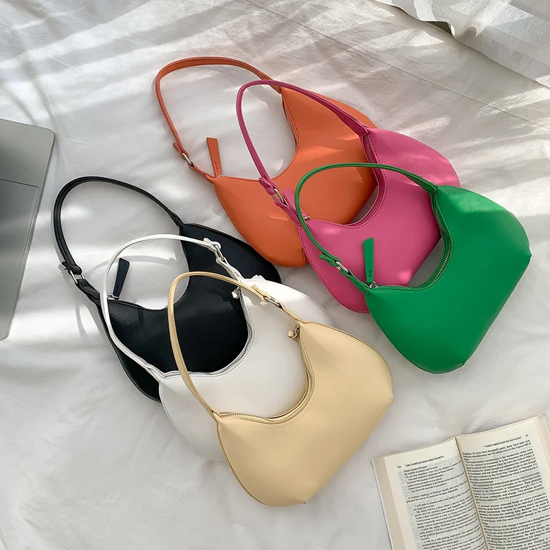 

Spring New Bright Colour PU Leather Hobos Shoulder Bag Women Luxury Designer Zipper Half Moon Underarm Bag Female Armpit Bag