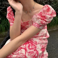 spring 2021 korean version of the new slim square collar red skirt fashion women cottagecore dress printed womens sexy dress