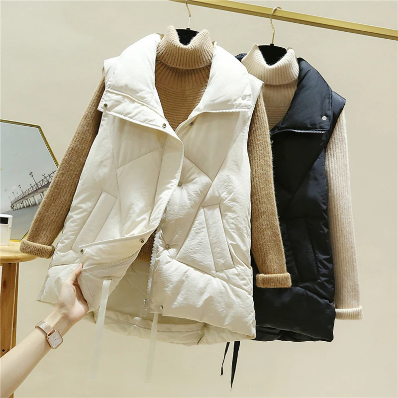 Korean Fashion Winter Solid Color Down Puffer Vest Women Sleeveless Coats Simplicity Student Style Straight Parkas Vest Jackets