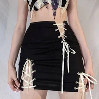 sexy women hollow out skirt high street rope bow solid black a line skirt elegant office lady 2022 new summer spring mini skirt