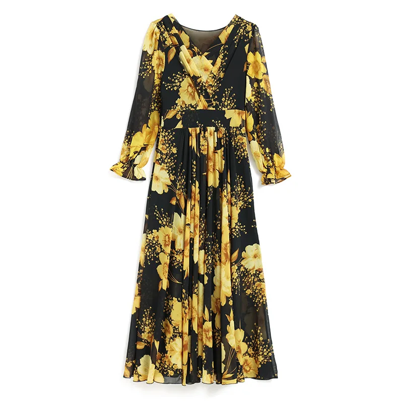 Muslim Floral Chiffon Long Sleeve Maxi Dress Spring Autumn New V-Neck Elegant  Dress 2023  muslim dress women  فستان