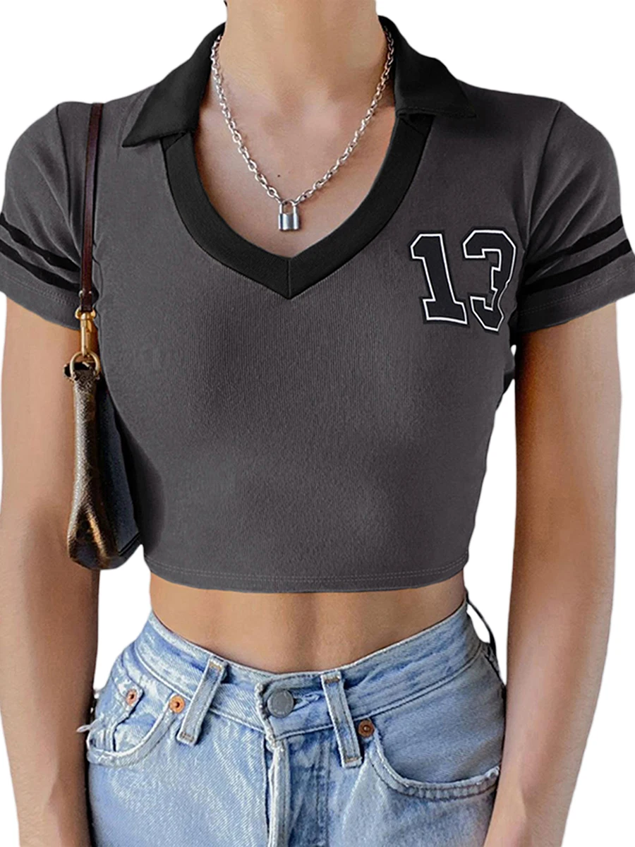 

Women Summer Casual Vintage Short Sleeve Crop Top V Neck Tank Tops Slim-Fit Streetwear