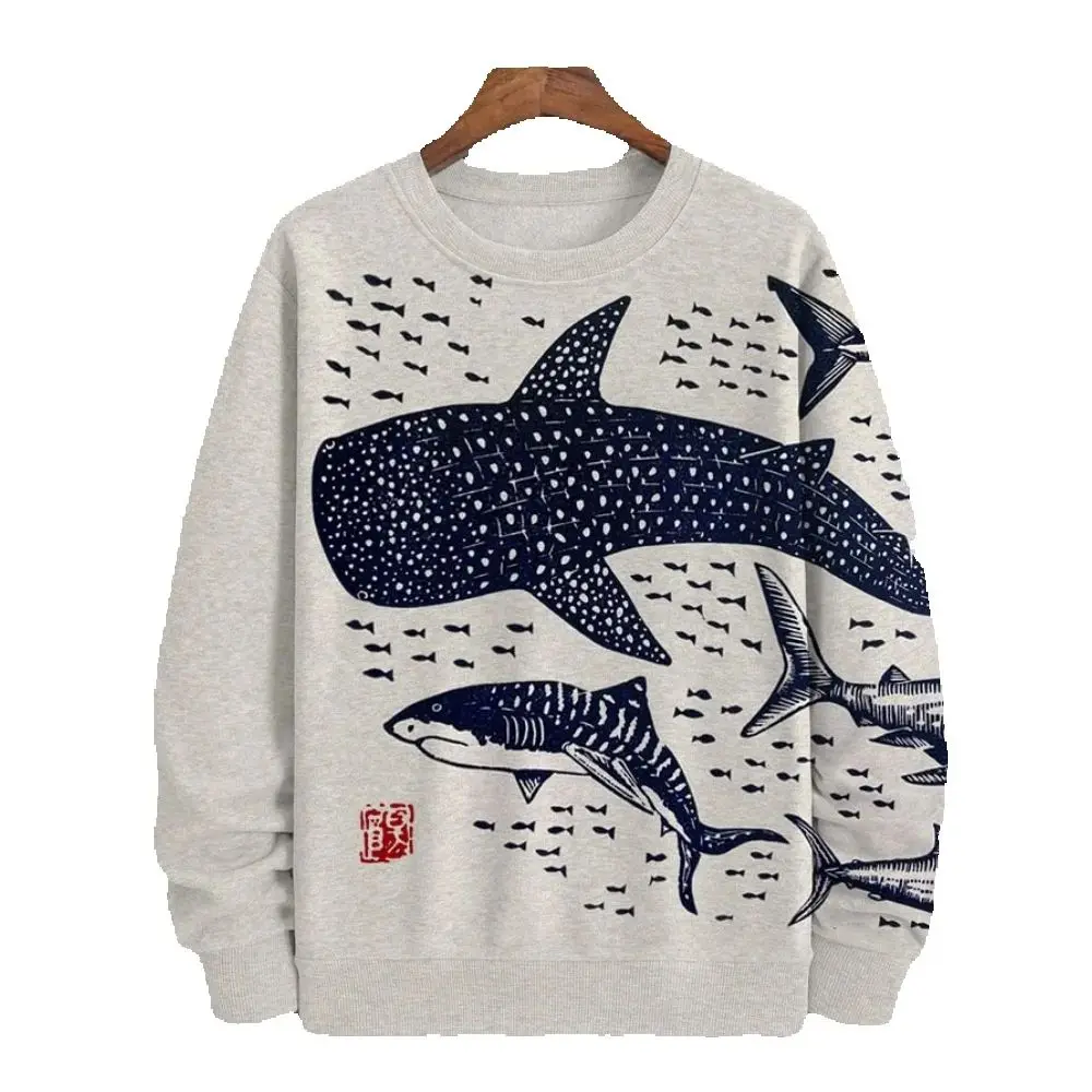 Осенние мужские толстовки с рисунком рыбы футболка длинным рукавом модная