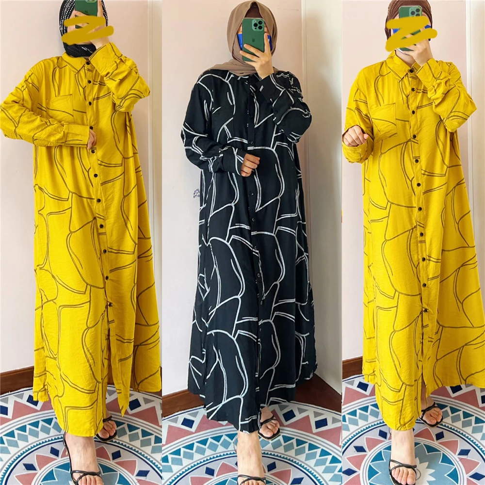 

Элегантное мусульманское платье на пуговицах, женское осеннее платье с принтом, повседневный турецкий халат, женское платье-рубашка с одно...