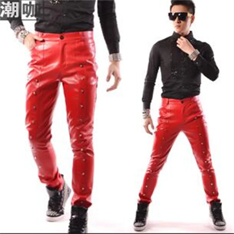 

Stage Personality Men Pants Red Rivet Pant Men Feet Trousers Singer Dance Rock Fashion Pantalon Homme Street Star Style Novelty