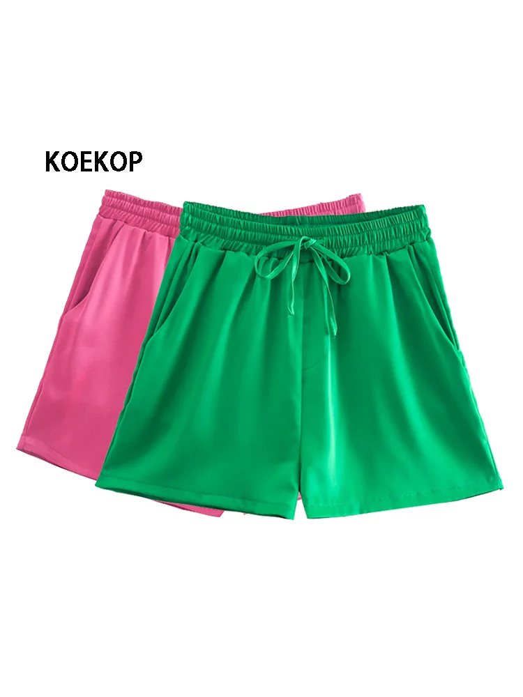 

KOEKOP Women Fashion Elastic Wist Skirt Shorts With Pockets Vintage High Waist Female Pants Mujer Chic Outfits