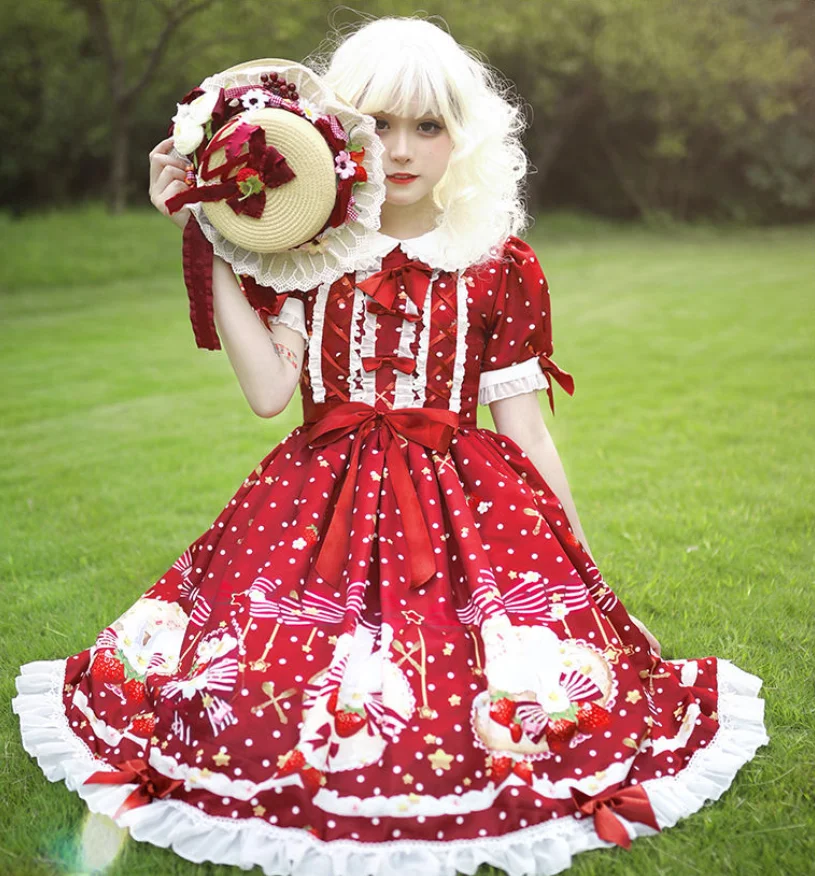 

Sweet Strawberry Lolita Dress Women Japanese Style Cute Bow Short Sleeve Red Jsk Maid Dress Gothic Lace Lolita Fairy Dress