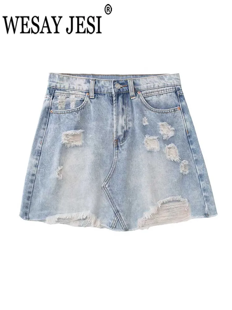 

WESAY JESI Summer Lady Denim Skirt High Waist Asymmetrical Hole Pockets A-line Hip Skirt All-match Casual Fashion Women Clothing