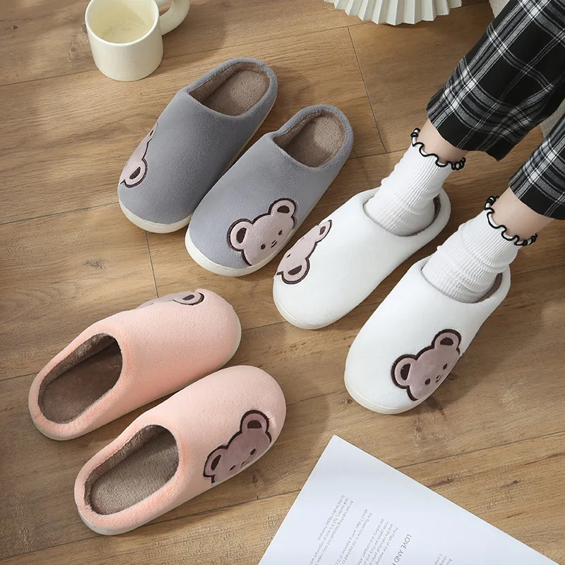 2022 New Lovers Cotton Slippers Cute Bear Indoor Warm Autumn And Winter Men's Home Floor Flat Couple Light Comfort Furry Shoes