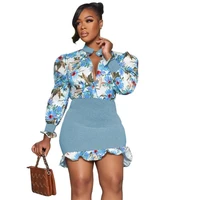 women ruffle floral mesh dress spring summer new arrival long sleeve mini dress fashion button skinny african clothing vestidos