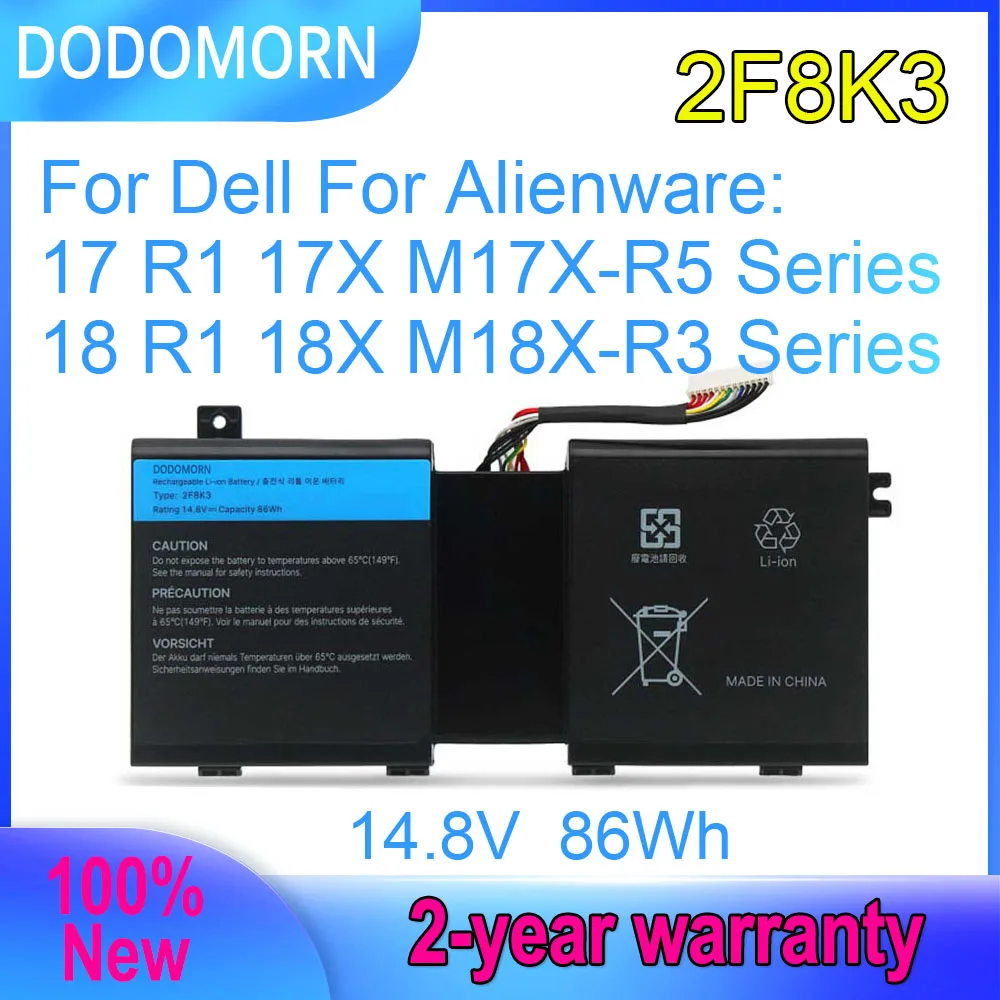 

DODOMORN 2F8K3 Laptop Battery For Dell For Alienware 17 R1 17X M17X-R5,18 R1 18X M18X-R3 Series 02F8K3 G33TT KJ2PX 14.8V 86Wh