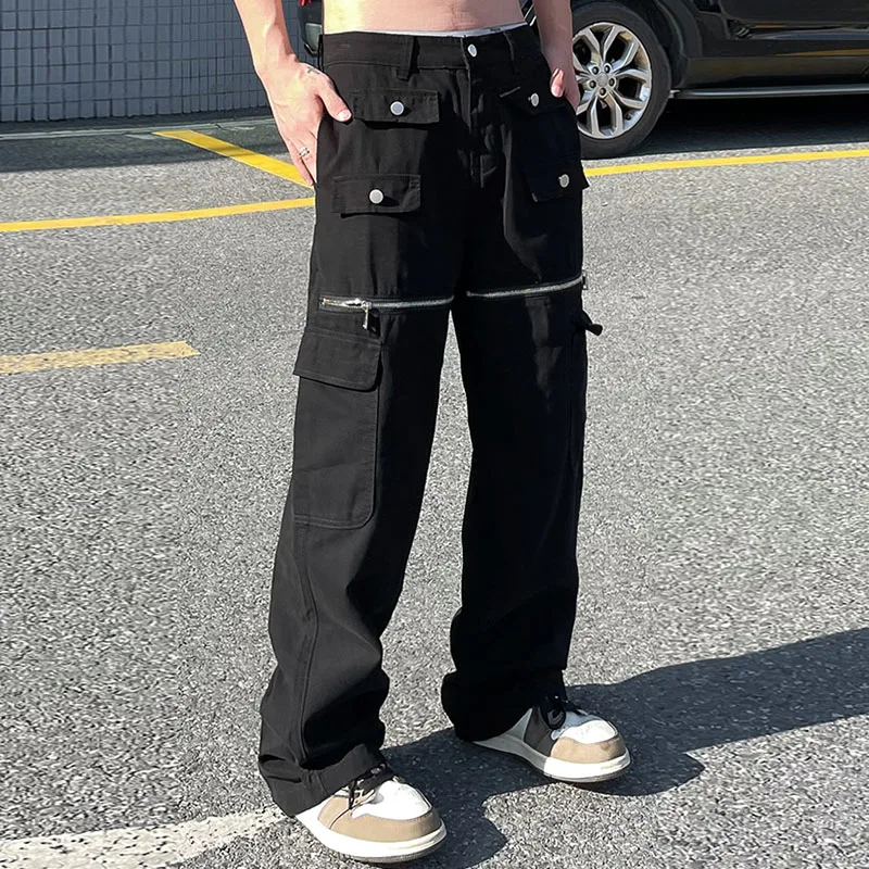 

Retro Zippet Pockets Black Cago Pants for Men Harajuku Straight Solid Color Streetwear Loose Overalls Oversized Casual Trousers