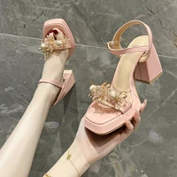 pink heel rhinestone decorative elastic strap sandals 9cm thick high heeled slingback summer breathable solid color women shoes
