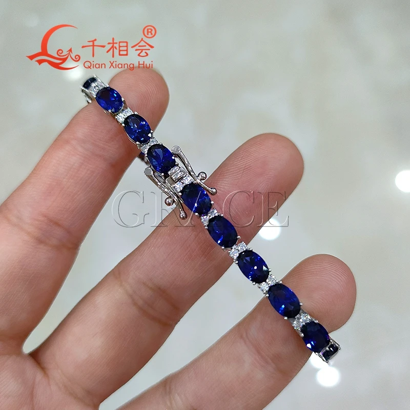 4*6mm oval shape  artifical blue color sapphire Tennis Bracelet S925 Silver white Moissanite Bracelet chain fine jewelry