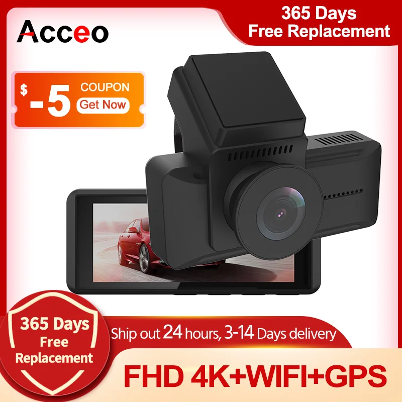 Видеорегистратор автомобильный Acceo 4K FHD 2 камеры GPS 3 16 дюйма поддержка заднего