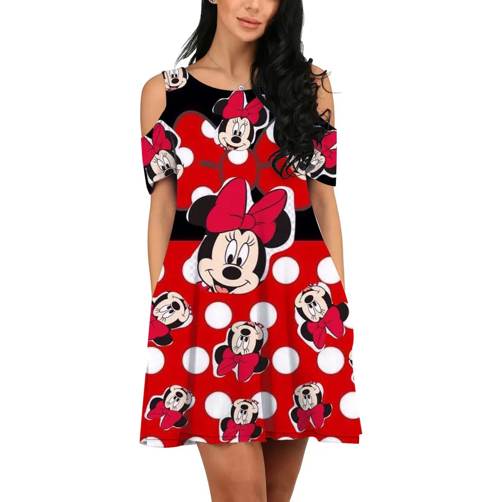 

Disney Minnie Mickey Stitch Harajuku Style Print Dress Women Off Shoulder Cute Kawaii Dress Women Fashion Casual