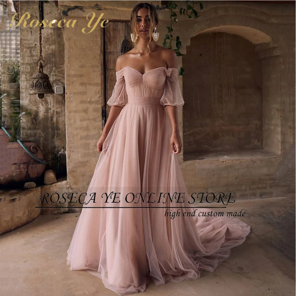 

Roseca Ye Pink Wedding Dresses Boho Beach Bride Dress 2022 Off Shoulder Vintage Cheap Wedding Gowns with Short Sleeve Plus Size