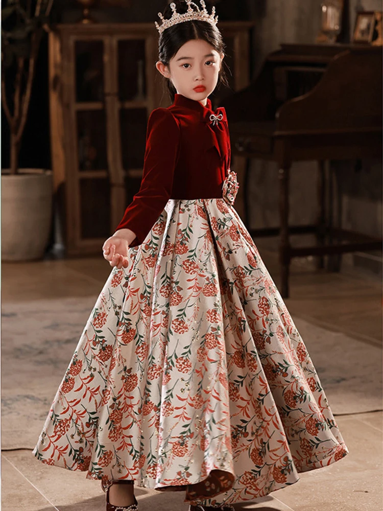 Chinese Style Luxury Evening Dress for Child Girl Kids Patchwork Floral Long Dresses Baby Girls Elegant Ball Gowns Kid Costumes