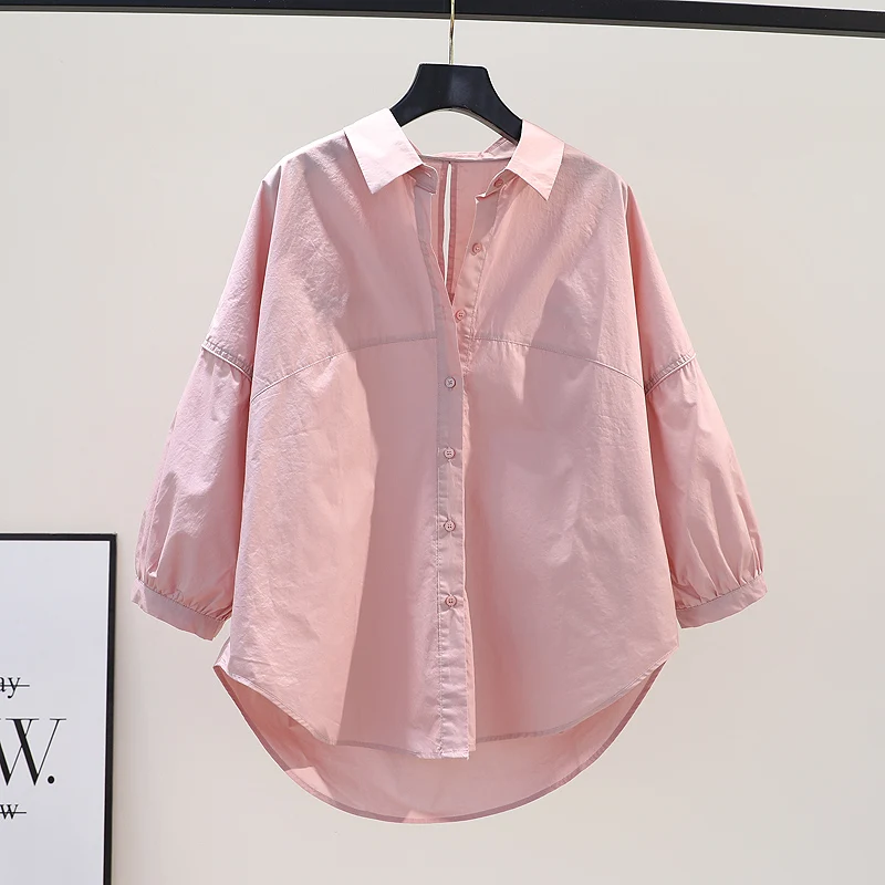 

Counter withdrawal, foreign trade clearance, spring and summer, pink cotton, loose artistic style, nine-sleeved shirt, female