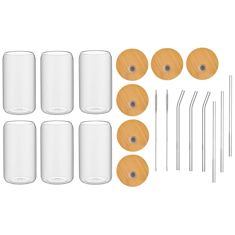 

6Piece Set Drinking Glasses Can Shaped Glass Cup Clear Iced Coffee Cup With 6 Bamboo Lids And 6 Glass Straws