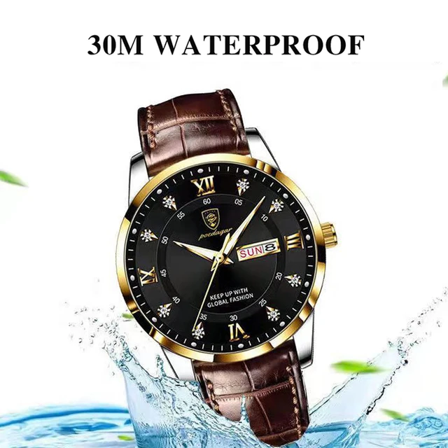 POEDAGAR Men Watch Fashion High Quality Leather Watches Waterproof Luminous Week Date Top Brand Luxury Quartz Man Wristwatch 5