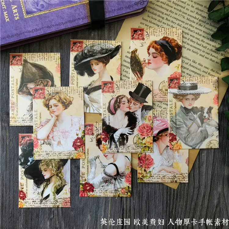 

9PCS Junk Journal Vintage European Lady English Manor Photo Thick Card TN DIY Scrapbooking Collage Gift Decoration Material