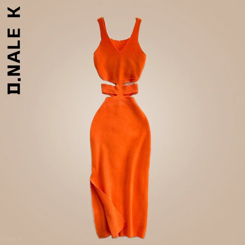 

D.Nale K Summer Beach Split Backless Long Dress Knit Sexy Strap Dress Women Hollow Out Elatic Waist Bodycon Sundress Female