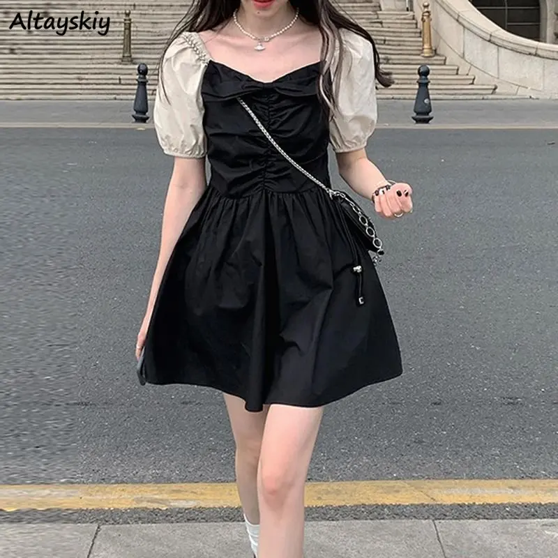 

Dresses Women Puff Sleeve Temperament Folds Design Hotsweet Mini French Style Patchwork Fashion Summer Casual Chic Vintage Ins