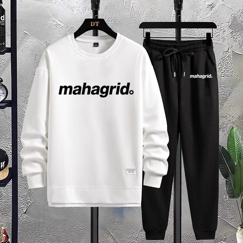 

Новинка 2023, мужской спортивный костюм с вафельным принтом, осенний Повседневный Спортивный костюм с длинными рукавами и надписью Mahagrid для бега, свитшот + брюки, мужская спортивная одежда