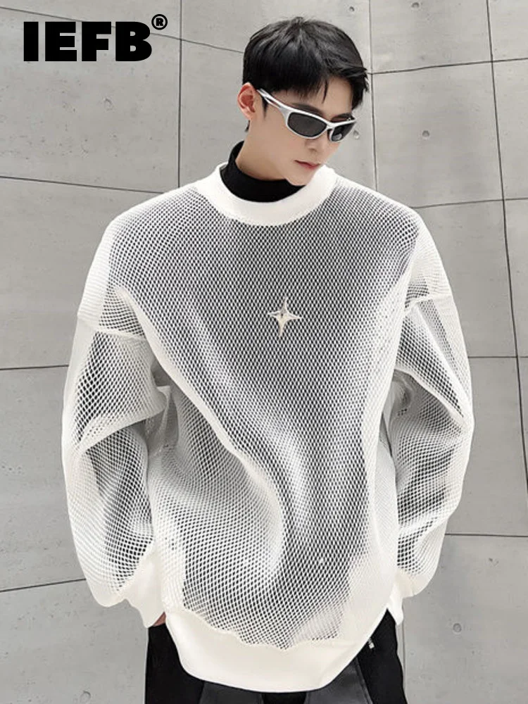 

IEFB Darkwear Hollowed Out Mesh Design Long Sleeve Men Sweatshirt 2023 New Autumn Korean Fashion Long Sleeve Male Tops 9A4936
