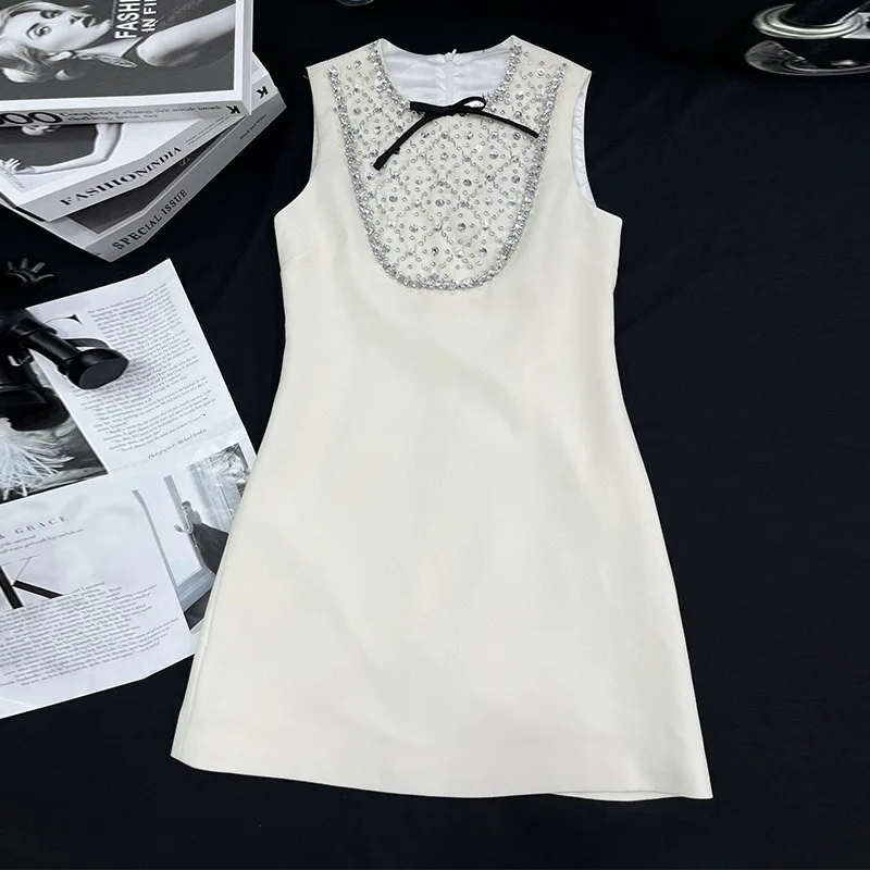 Miu Beige Sleeveless Dress Luxury Sequin Diamond Embedding Dress Slim Fit A-line dress Premium Tank Top Dress Summer New