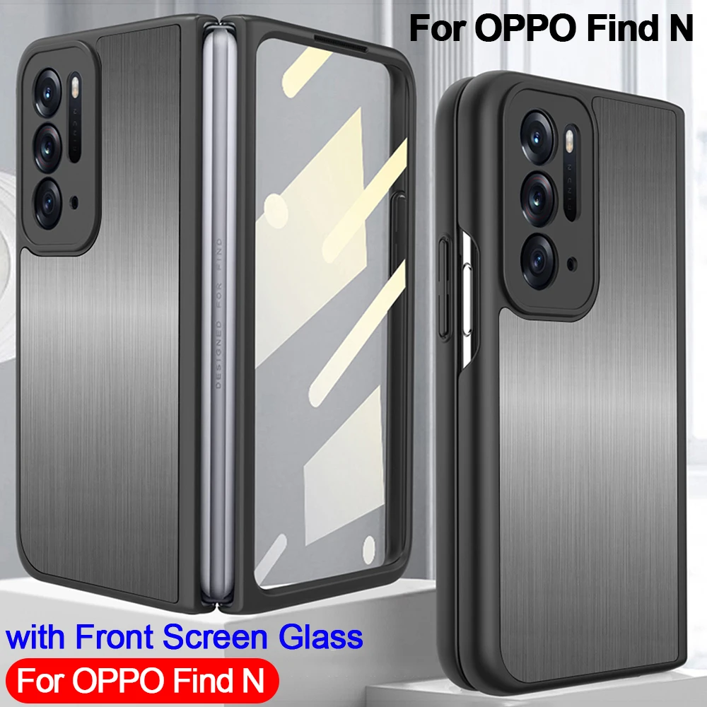 

For OPPO Find N 5G Case with Front Screen Protector Glass Stainless Steel Texture Metal Hard Phone Capa for OPPO Find N Cover