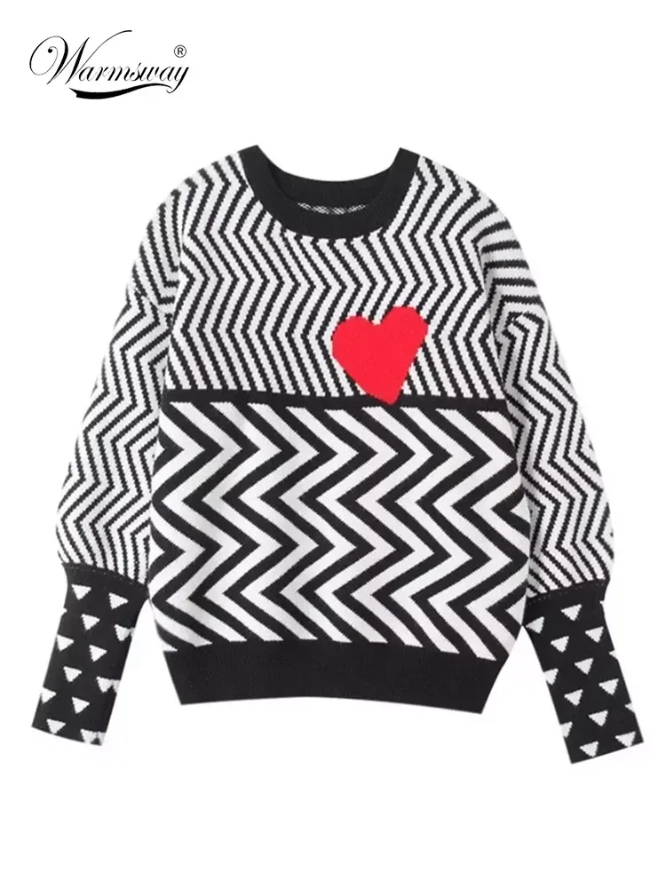 

2022 Autumn Winter Women Sweaters Geometric Heart Pattern Long Sleeve Tops Lovely Pullovers Knitted Loose Jumper C-005