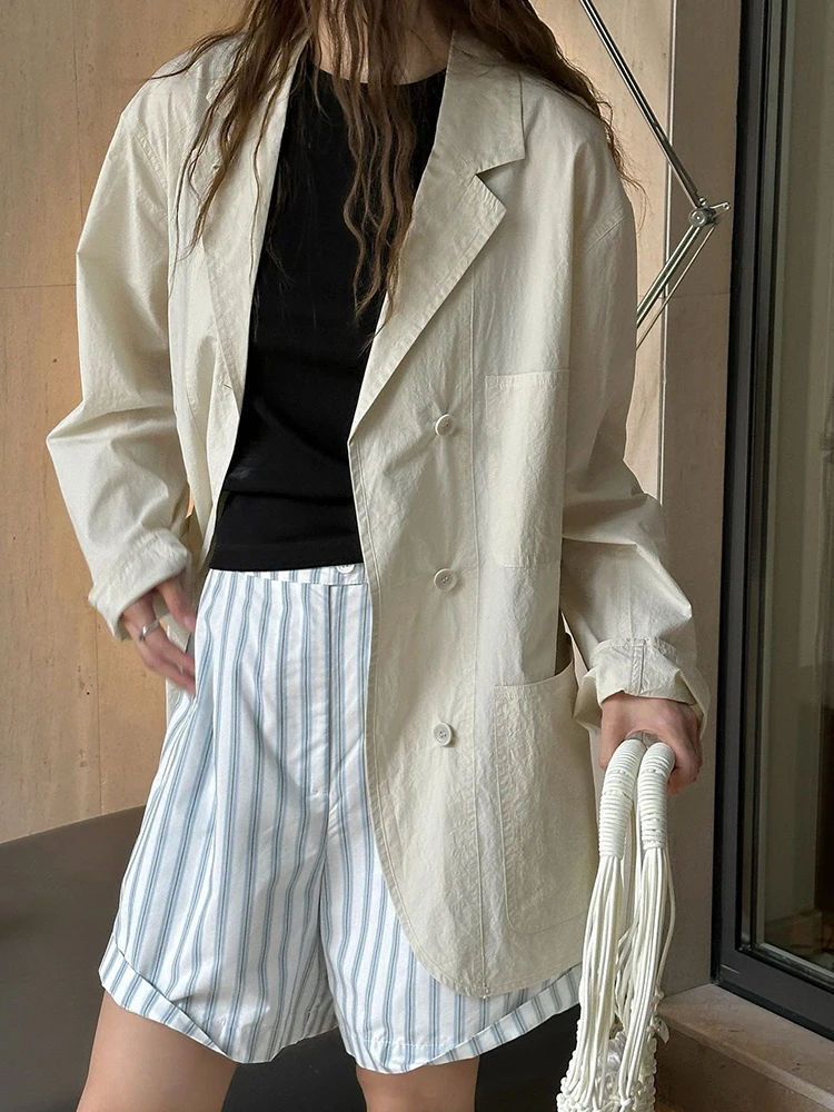 [EAM] Женский абрикосовый тонкий хлопковый элегантный пиджак большого размера