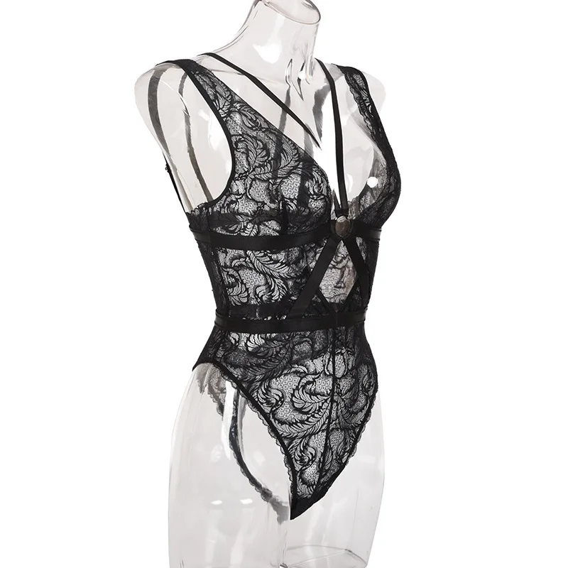 Black Hollow Out Lace Bodysuit Women Lingerie O Ring Backless Skinny Bodysuit Ladies Sexy Body Femme