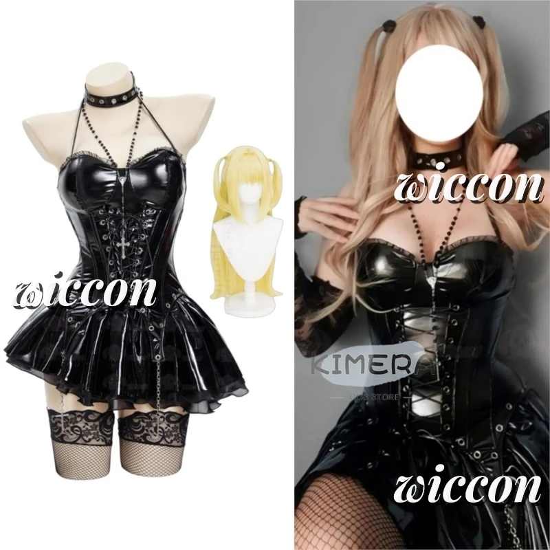 In Stock Miss Misa Halloween Gothic Black Lace-up Corset Top and Skirt with Net Stockings Sleeves Cosplay Costume Wig