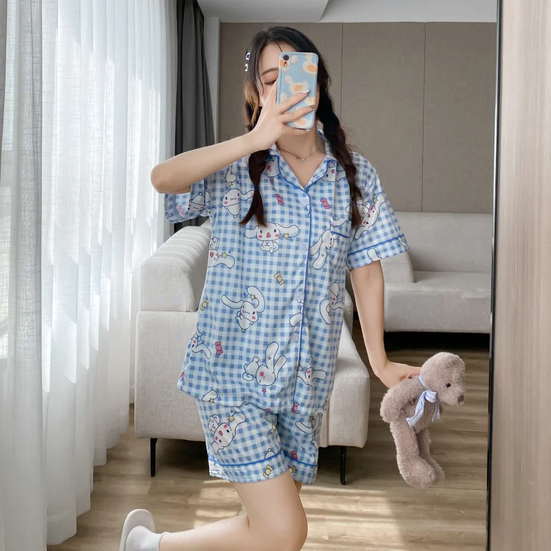 Pajamas female lapel cardigan short set lovely sweet wind student home suit can be worn outside