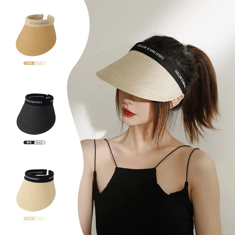 

2022 New straw woven duck tongue empty top hat women's summer UV sunshade sunshade headband sun hat straw hat face big brim
