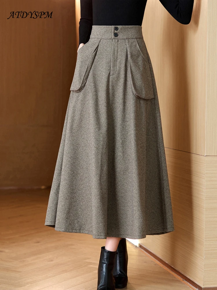 

Vintage Women's Woolen Skirt With Pockets A-line Midi Skirts Hight Waist Elegant Korean Fashion Khaki Gray Thick Casual Skirt
